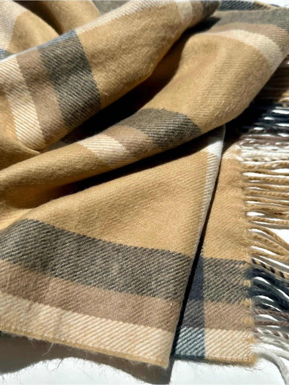 Vintage 100% Cashmere Scarf Made in England – Camel Windowpane Plaid – Unbranded